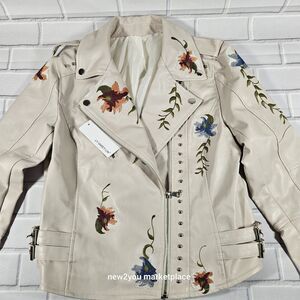 Ly Varey Lin Light Pink Floral Embroidered Moto Jacket Women’s Size medium